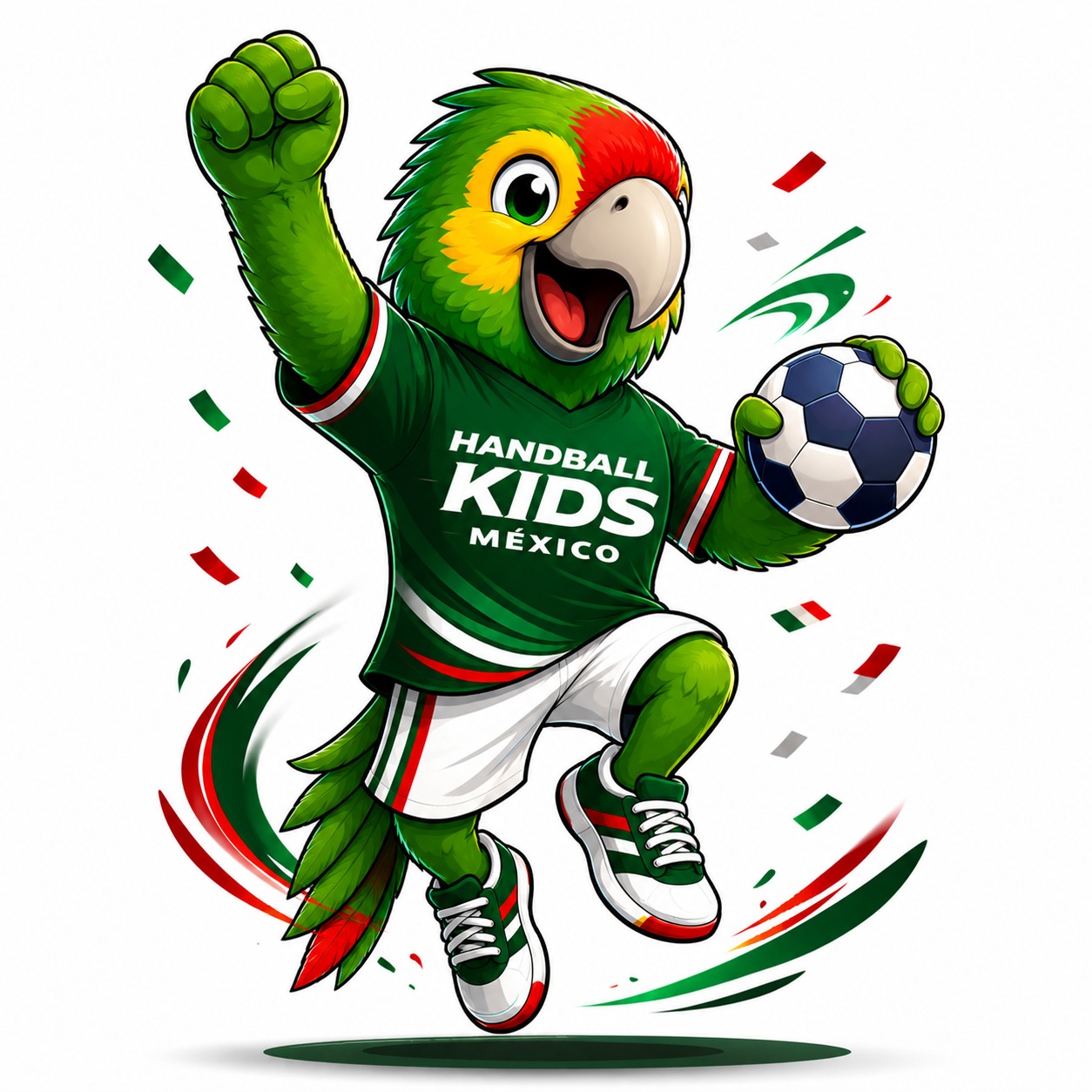 Mascota de loro verde con uniforme de Handball Kids México, un balón en la mano y el puño levantado.