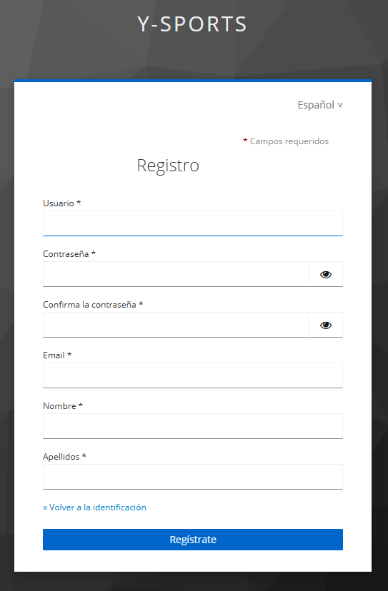 Formulario de registro de Y-sports