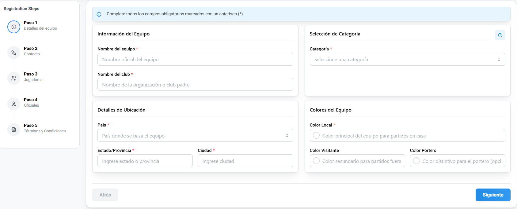 Página de registro de equipo